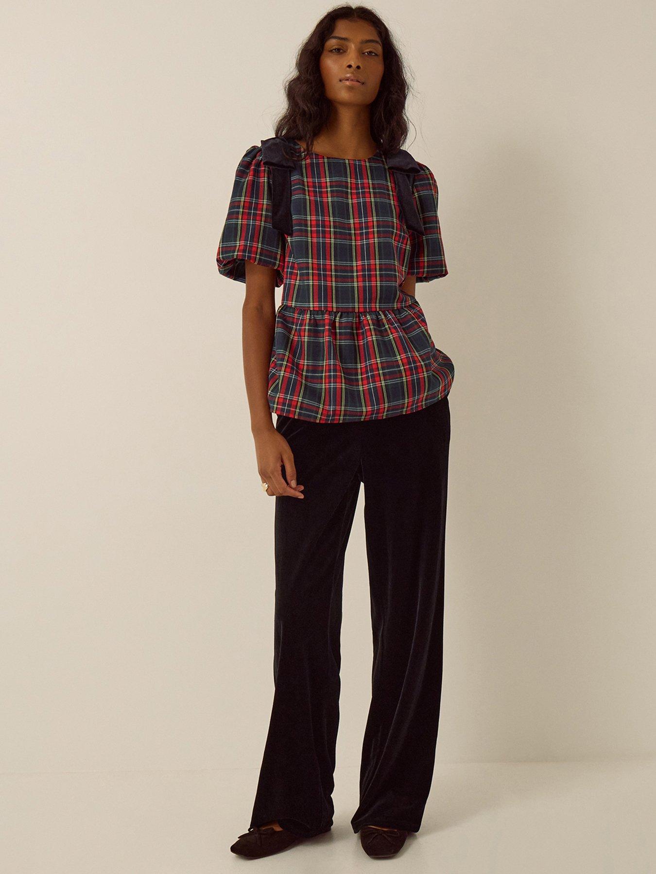 Image 3 of 6 of Monsoon Womens Dottie Tartan Puff Sleeve Bow Top - Red