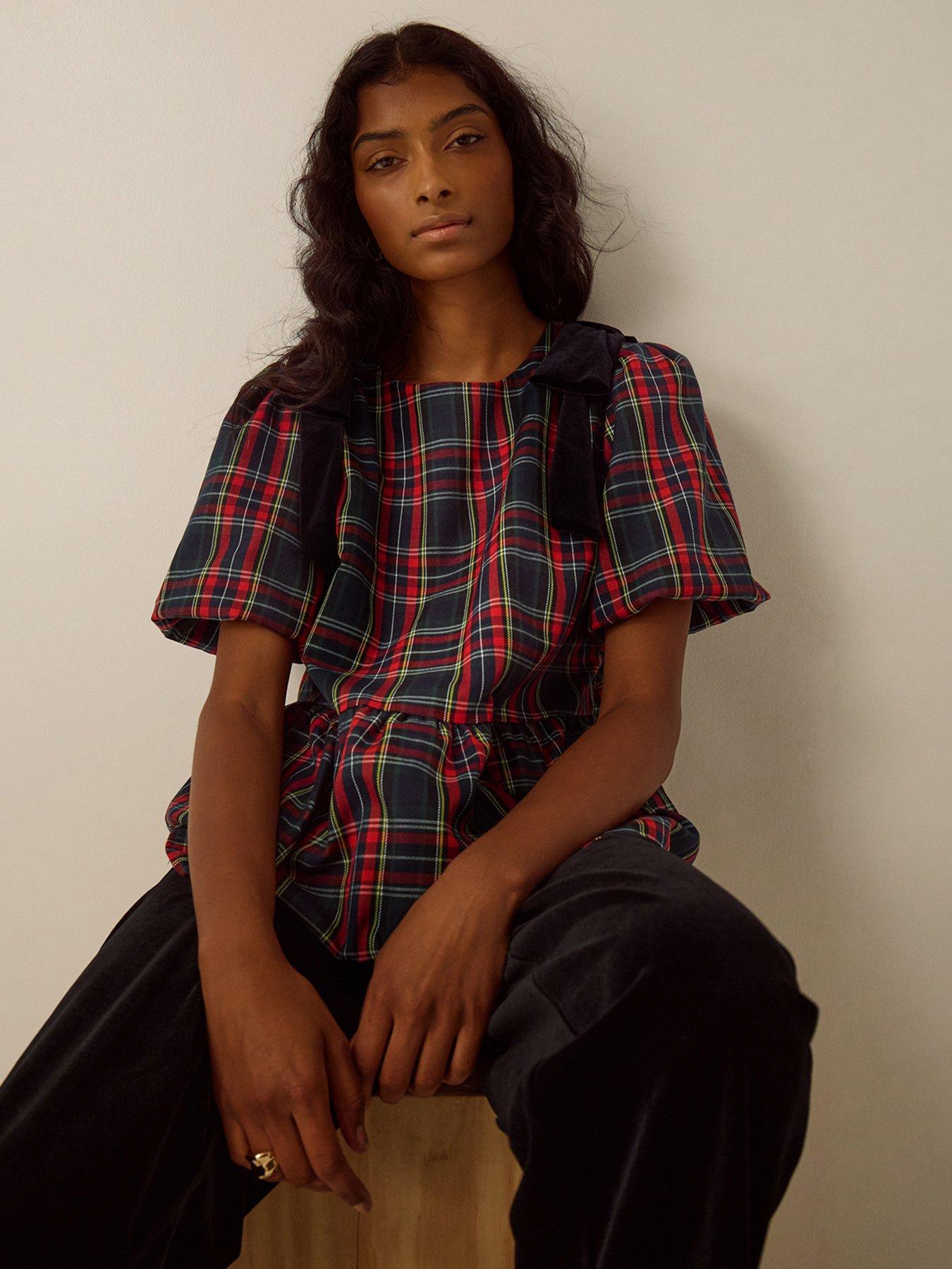 Image 4 of 6 of Monsoon Womens Dottie Tartan Puff Sleeve Bow Top - Red