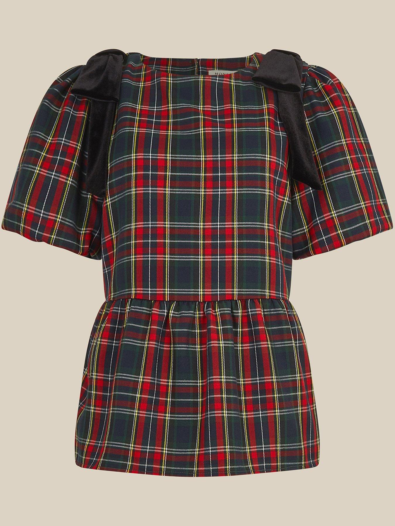 Image 6 of 6 of Monsoon Womens Dottie Tartan Puff Sleeve Bow Top - Red