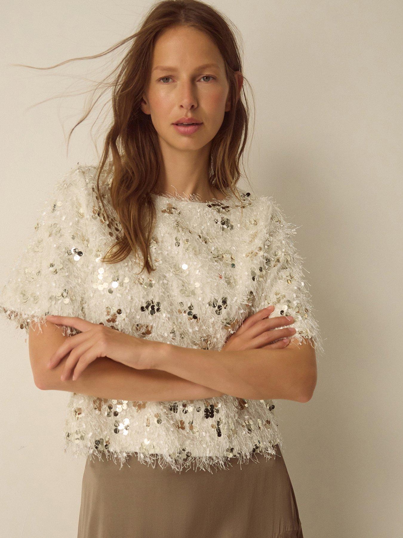 Image 1 of 6 of Monsoon Womens Saskia Sequin Fringe Top - White