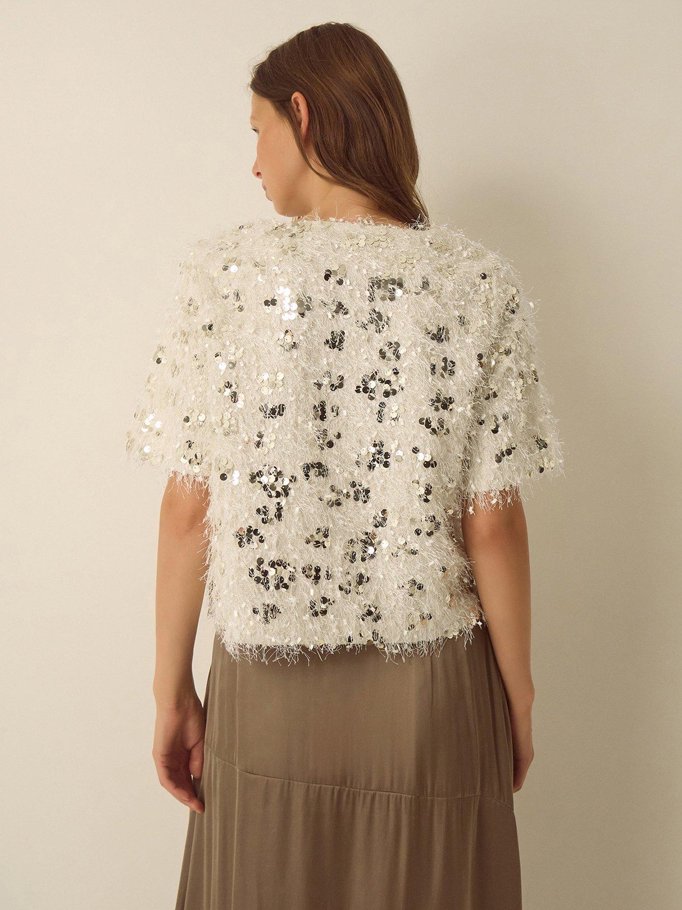 Image 2 of 6 of Monsoon Womens Saskia Sequin Fringe Top - White