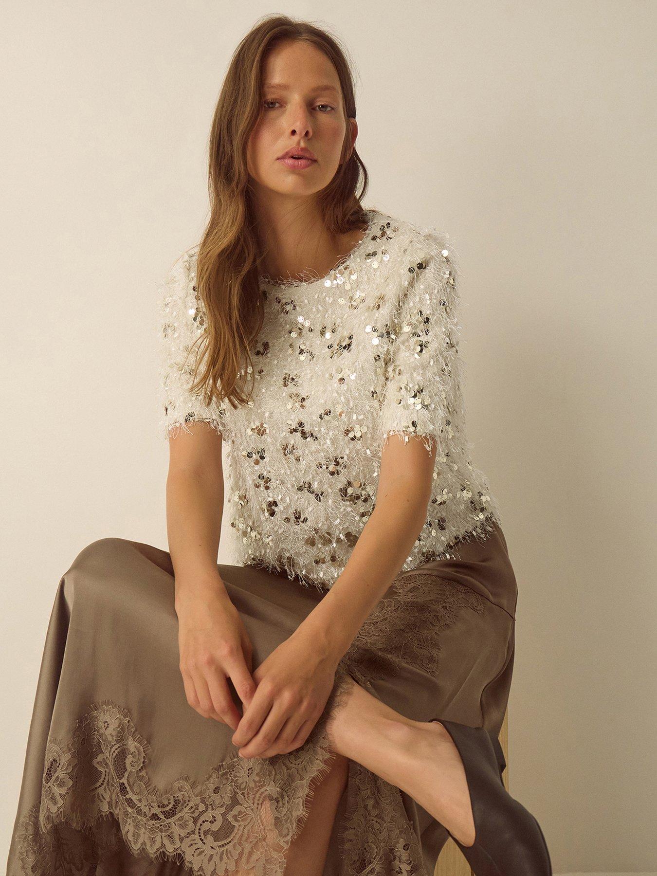 Image 4 of 6 of Monsoon Womens Saskia Sequin Fringe Top - White