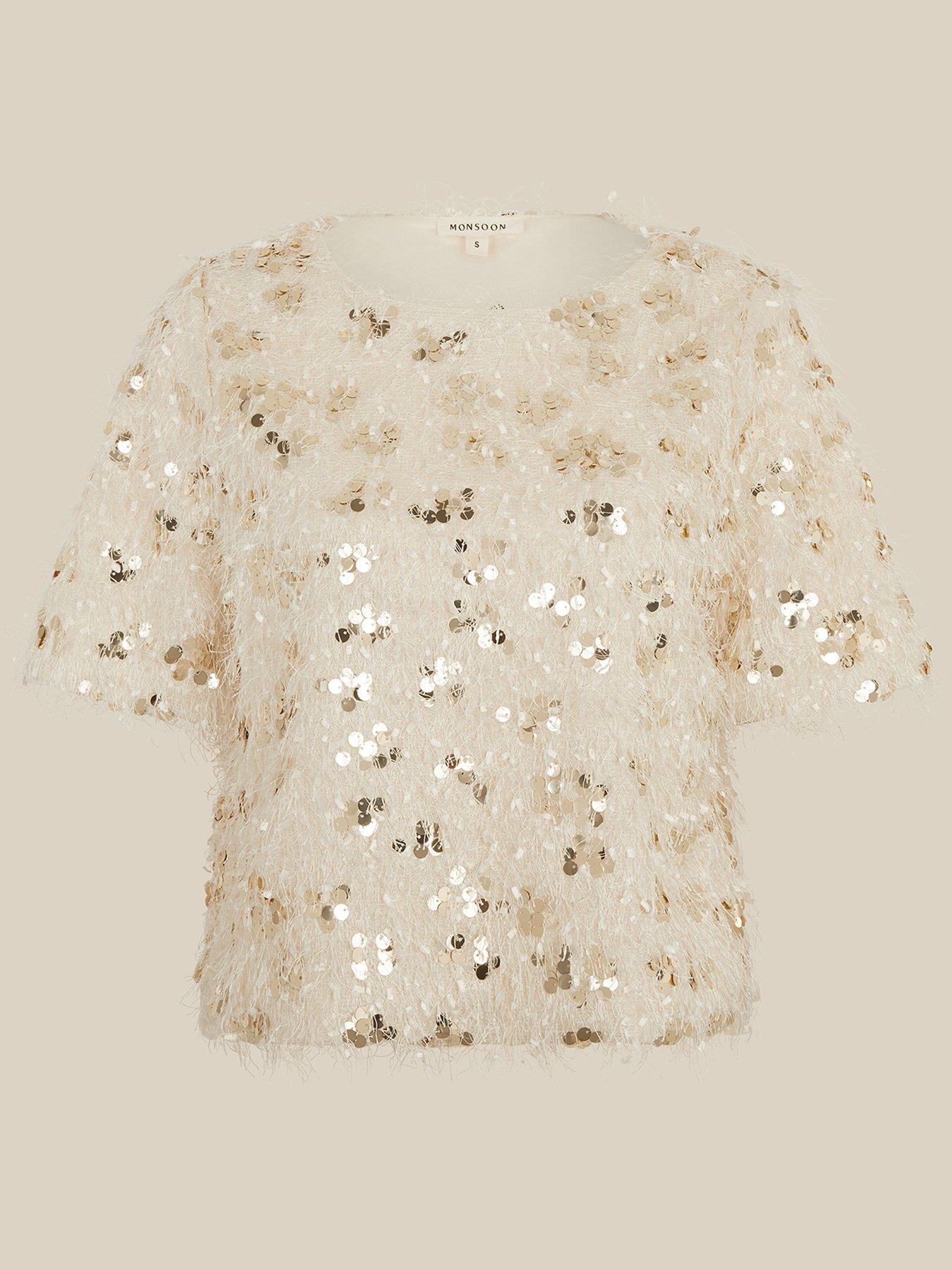 Image 6 of 6 of Monsoon Womens Saskia Sequin Fringe Top - White