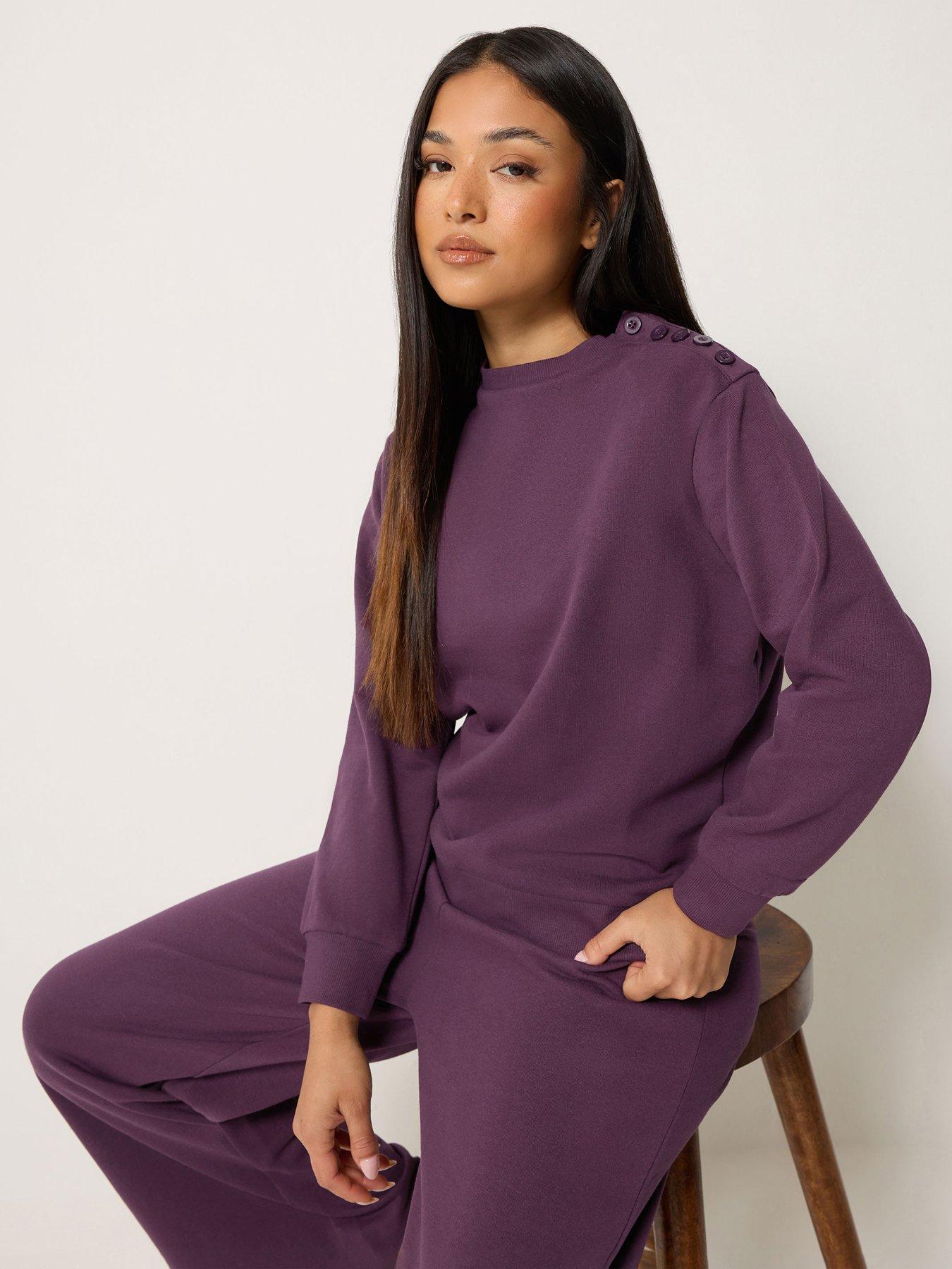 Image 1 of 4 of M&Co Petite Womens Petite Button Shoulder Ribbed Trim Sweatshirt - Purple