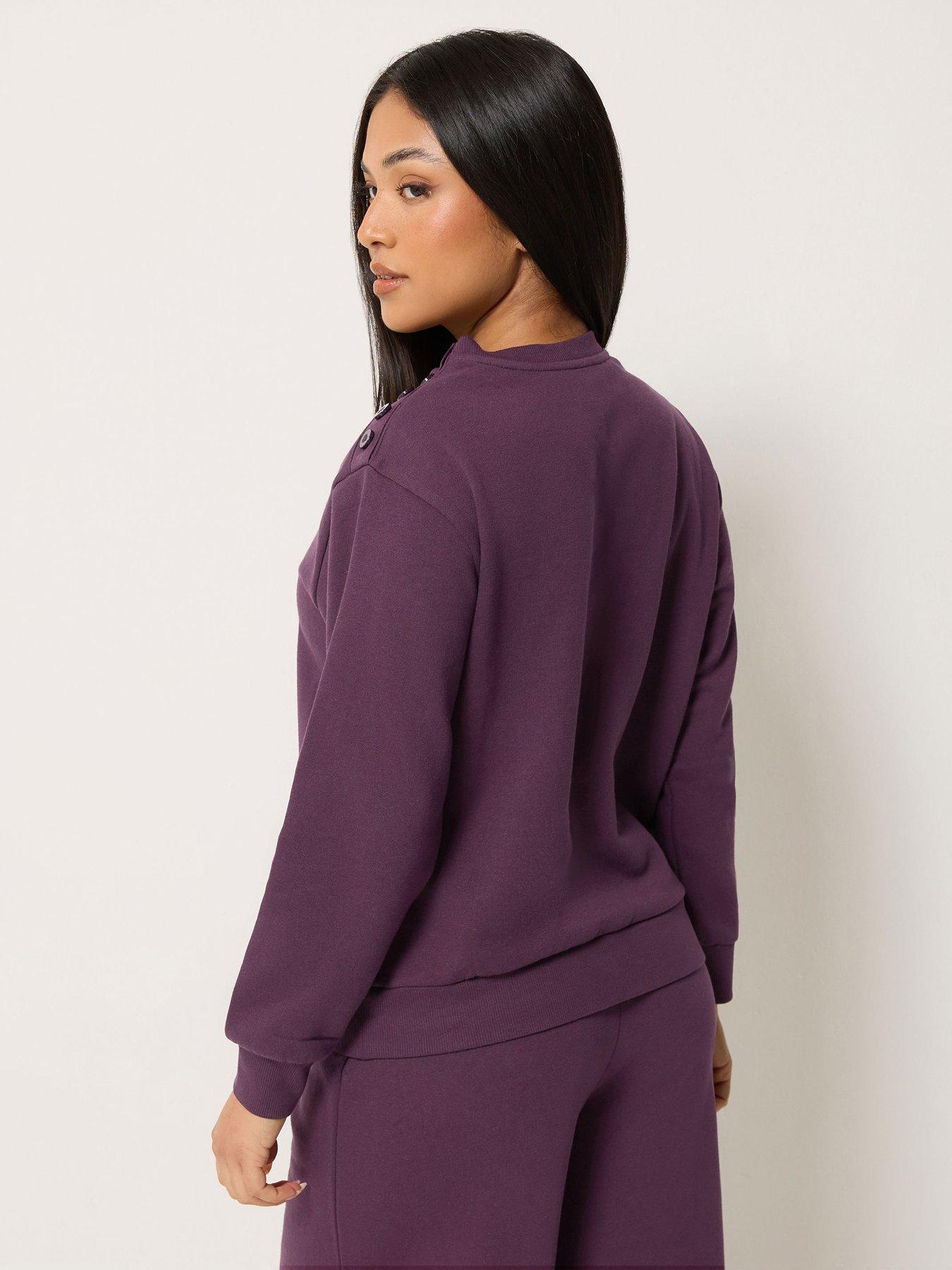 Image 2 of 4 of M&Co Petite Womens Petite Button Shoulder Ribbed Trim Sweatshirt - Purple