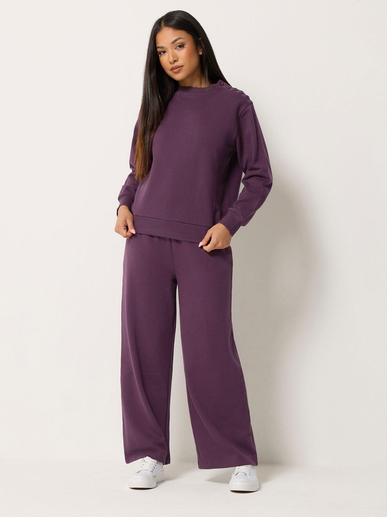 Image 3 of 4 of M&Co Petite Womens Petite Button Shoulder Ribbed Trim Sweatshirt - Purple