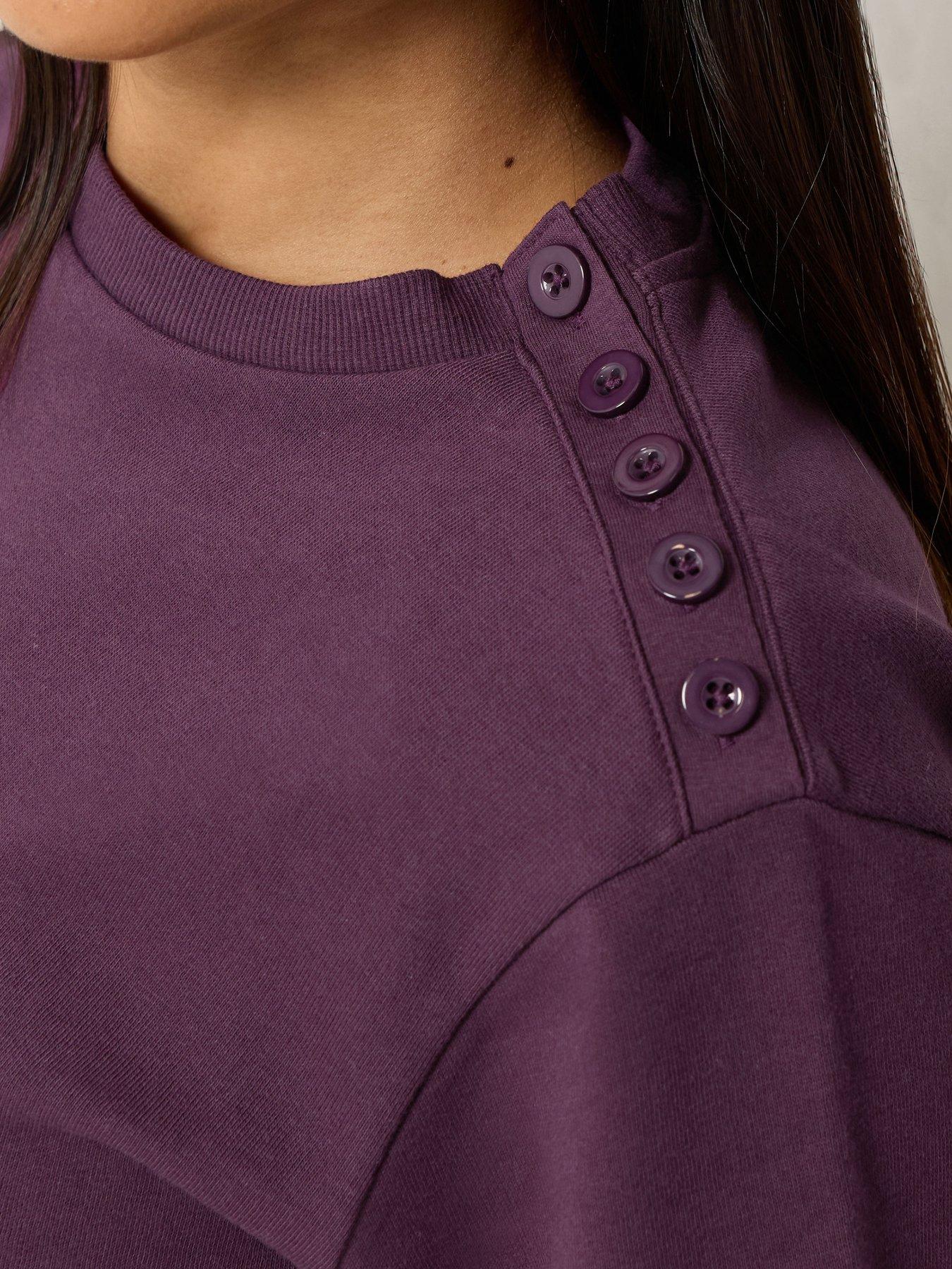 Image 4 of 4 of M&Co Petite Womens Petite Button Shoulder Ribbed Trim Sweatshirt - Purple
