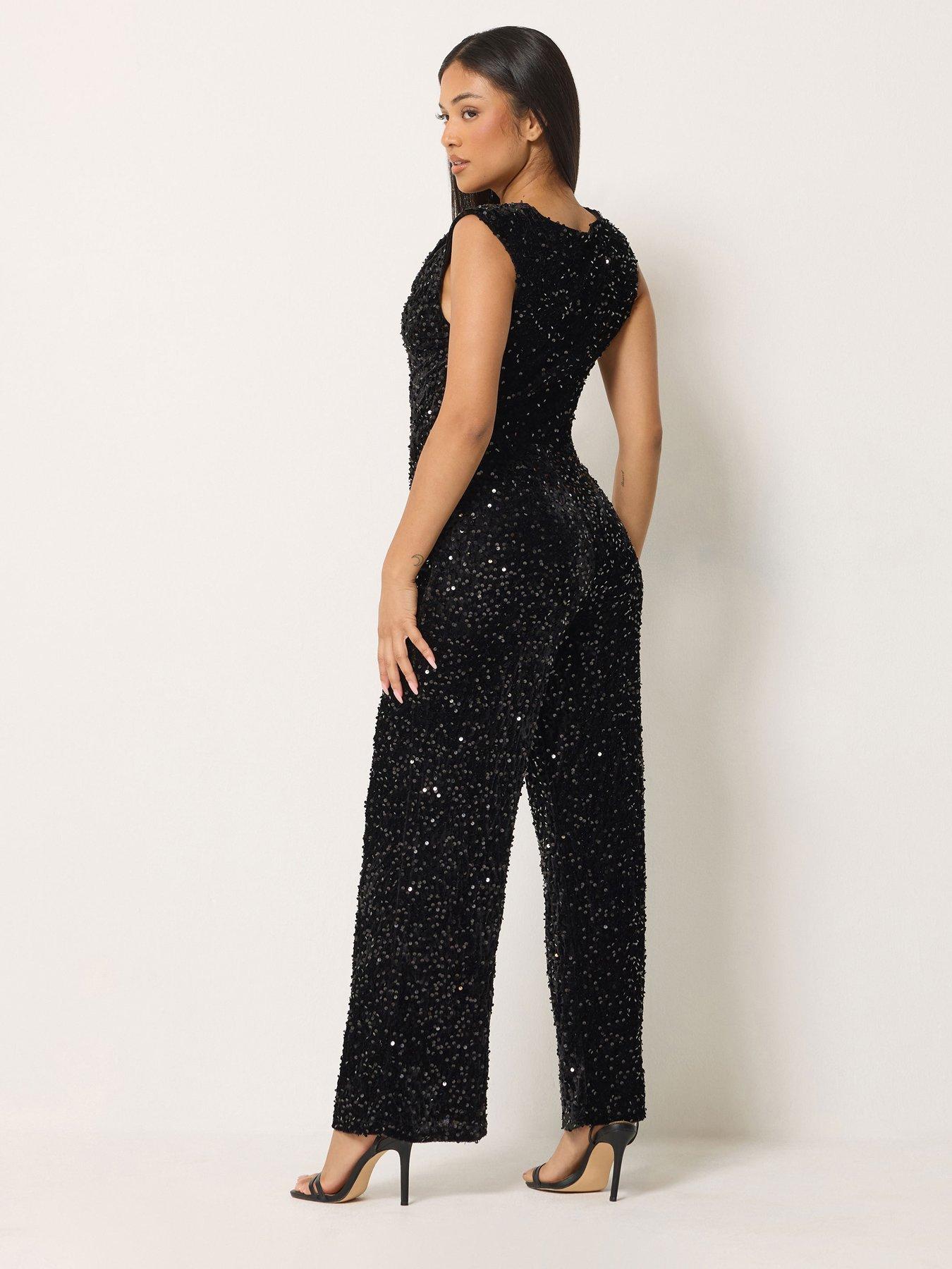 Image 2 of 4 of M&Co Petite Petite Sequin Velvet Cowl Neck Jumpsuit