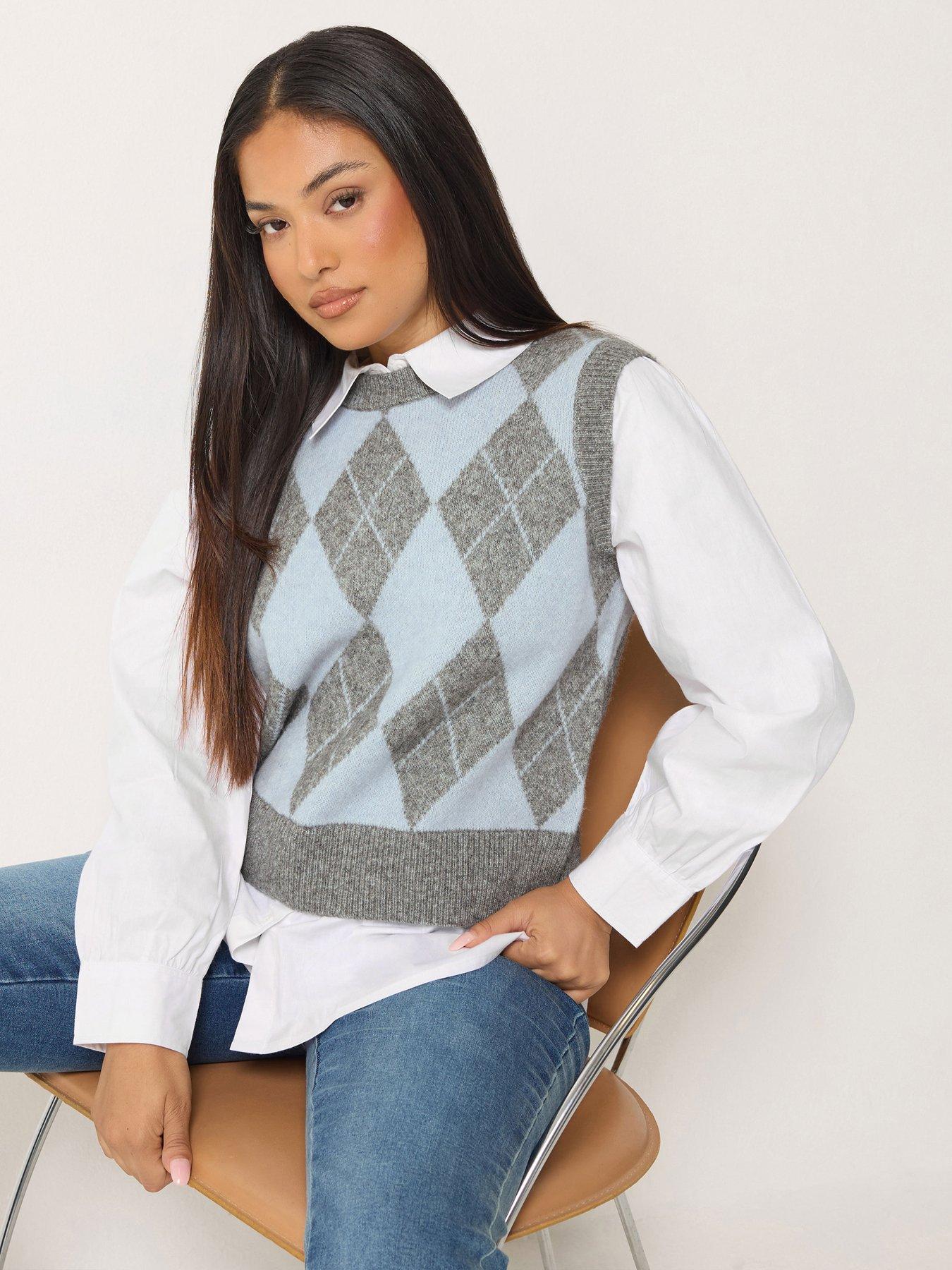 Image 1 of 4 of M&Co Petite Womens Petite Argyle 2-in-1 Sleeveless Ribbed Jumper - Blue/Grey