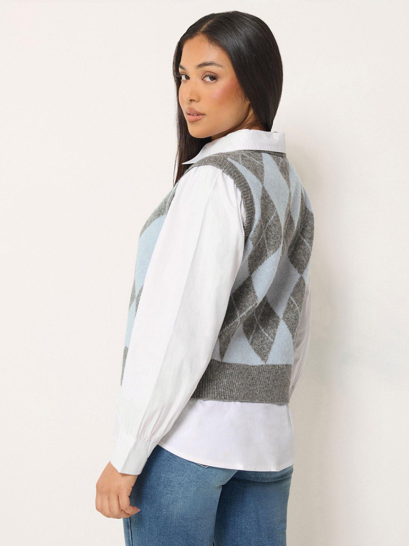 Image 2 of 4 of M&Co Petite Womens Petite Argyle 2-in-1 Sleeveless Ribbed Jumper - Blue/Grey