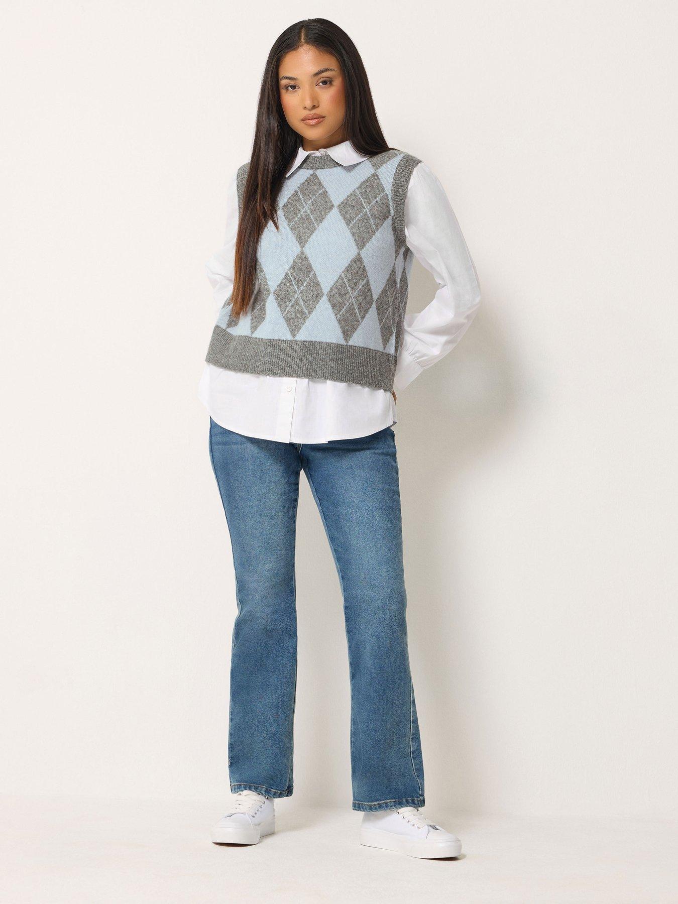 Image 3 of 4 of M&Co Petite Womens Petite Argyle 2-in-1 Sleeveless Ribbed Jumper - Blue/Grey