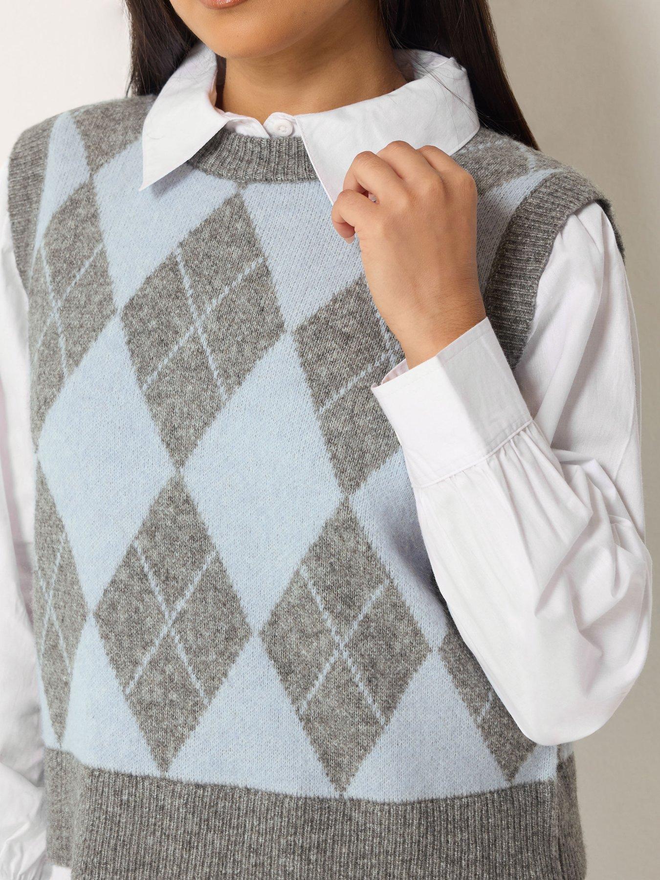 Image 4 of 4 of M&Co Petite Womens Petite Argyle 2-in-1 Sleeveless Ribbed Jumper - Blue/Grey