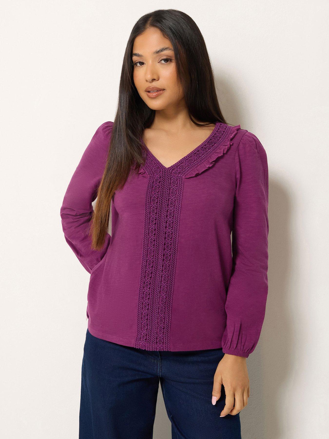Image 1 of 4 of M&Co Petite Womens Petite Frill Trim Lace Detail Blouse - Red