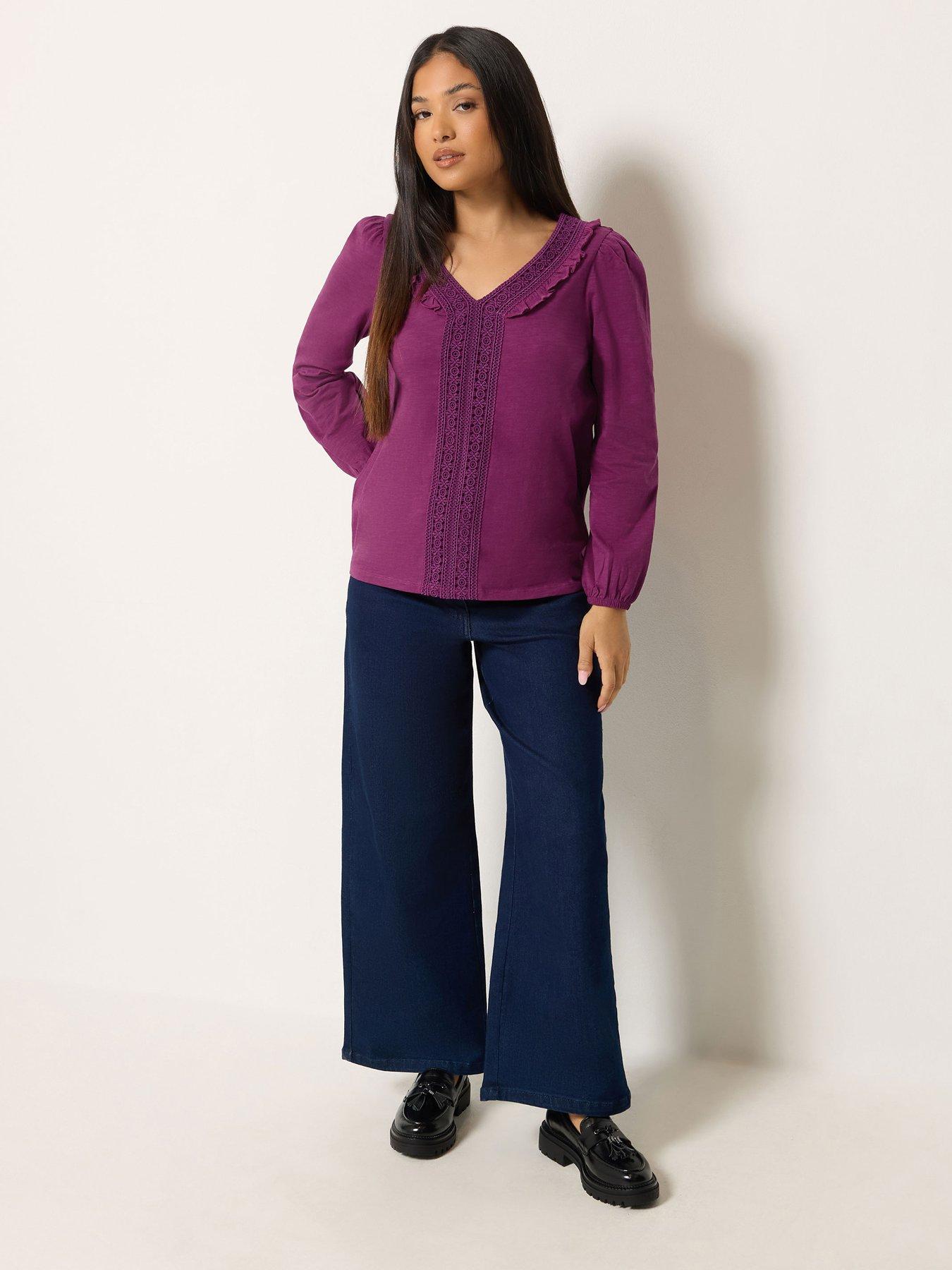 Image 3 of 4 of M&Co Petite Womens Petite Frill Trim Lace Detail Blouse - Red