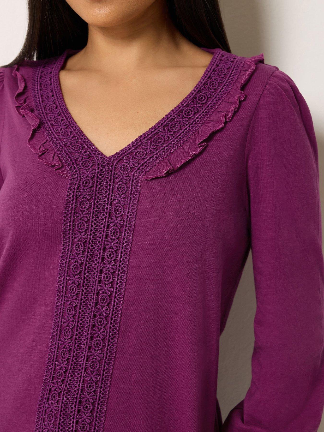 Image 4 of 4 of M&Co Petite Womens Petite Frill Trim Lace Detail Blouse - Red