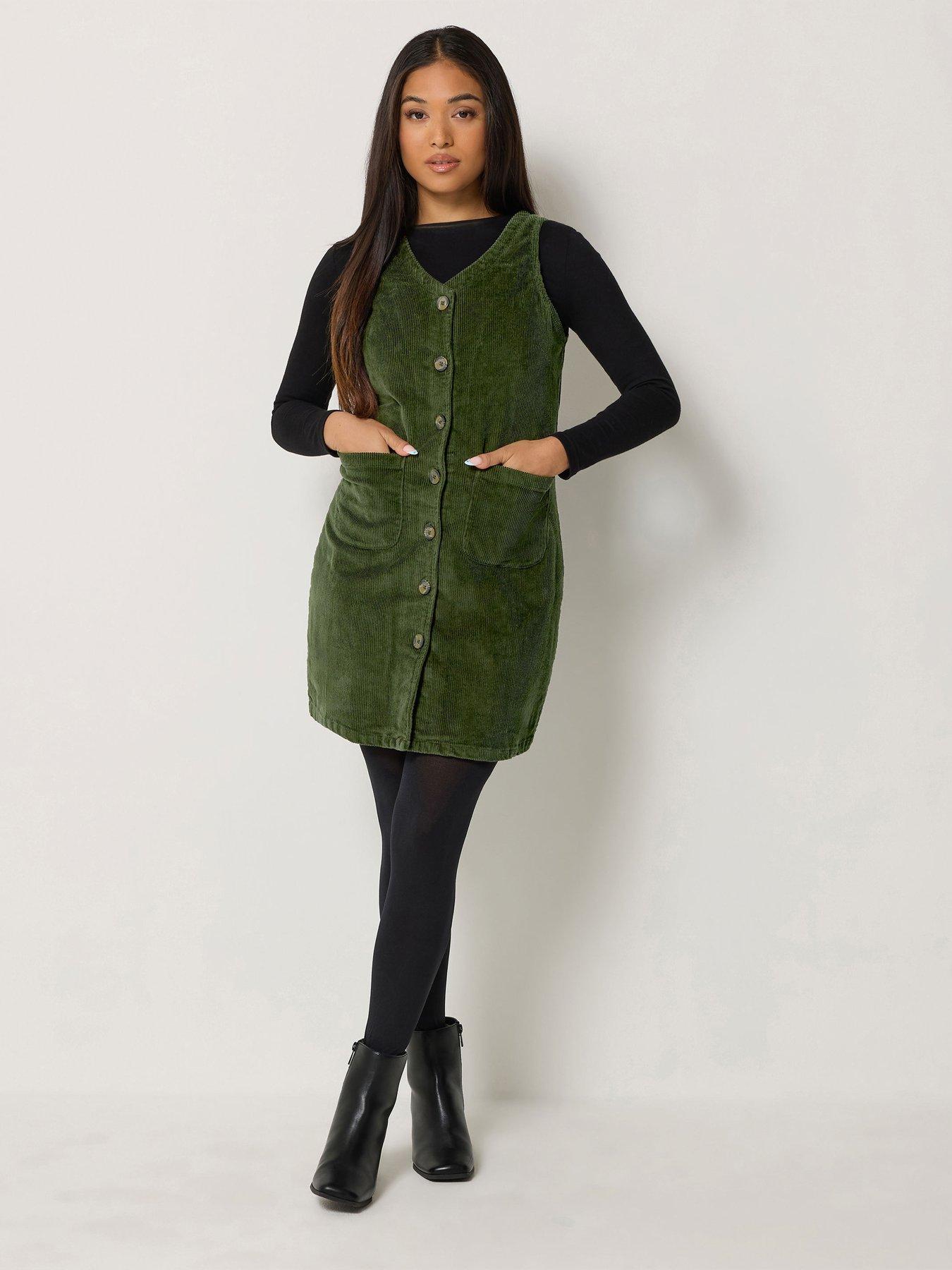 Image 1 of 4 of M&Co Petite Womens Petite Corduroy Button-Through Pinafore Mini Dress - Green