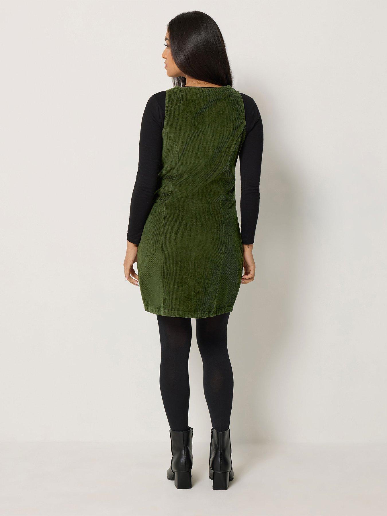 Image 2 of 4 of M&Co Petite Womens Petite Corduroy Button-Through Pinafore Mini Dress - Green