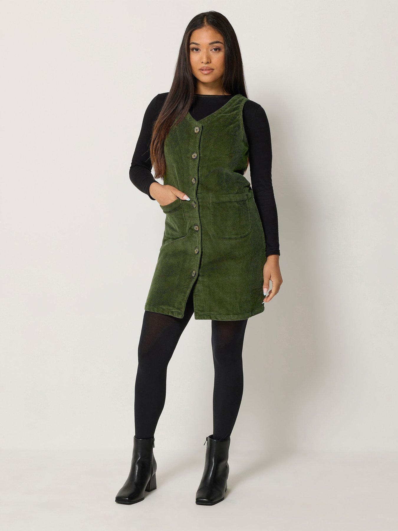 Image 3 of 4 of M&Co Petite Womens Petite Corduroy Button-Through Pinafore Mini Dress - Green