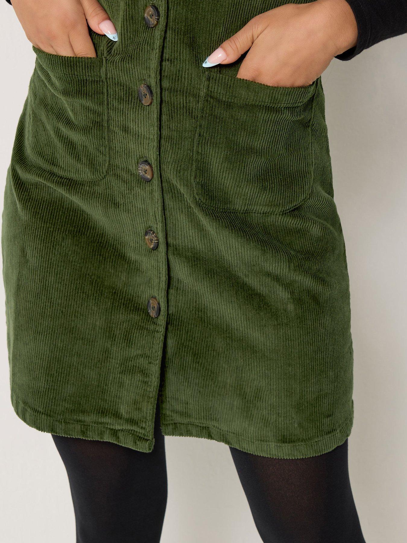 Image 4 of 4 of M&Co Petite Womens Petite Corduroy Button-Through Pinafore Mini Dress - Green