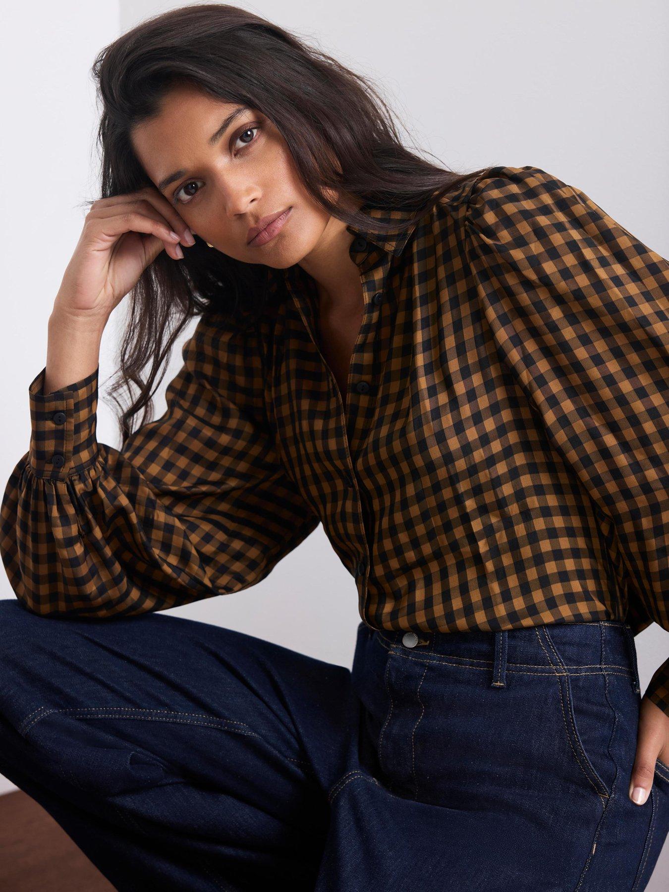 Image 1 of 6 of Mint Velvet Womens Check Puff Sleeve Shirt - Orange