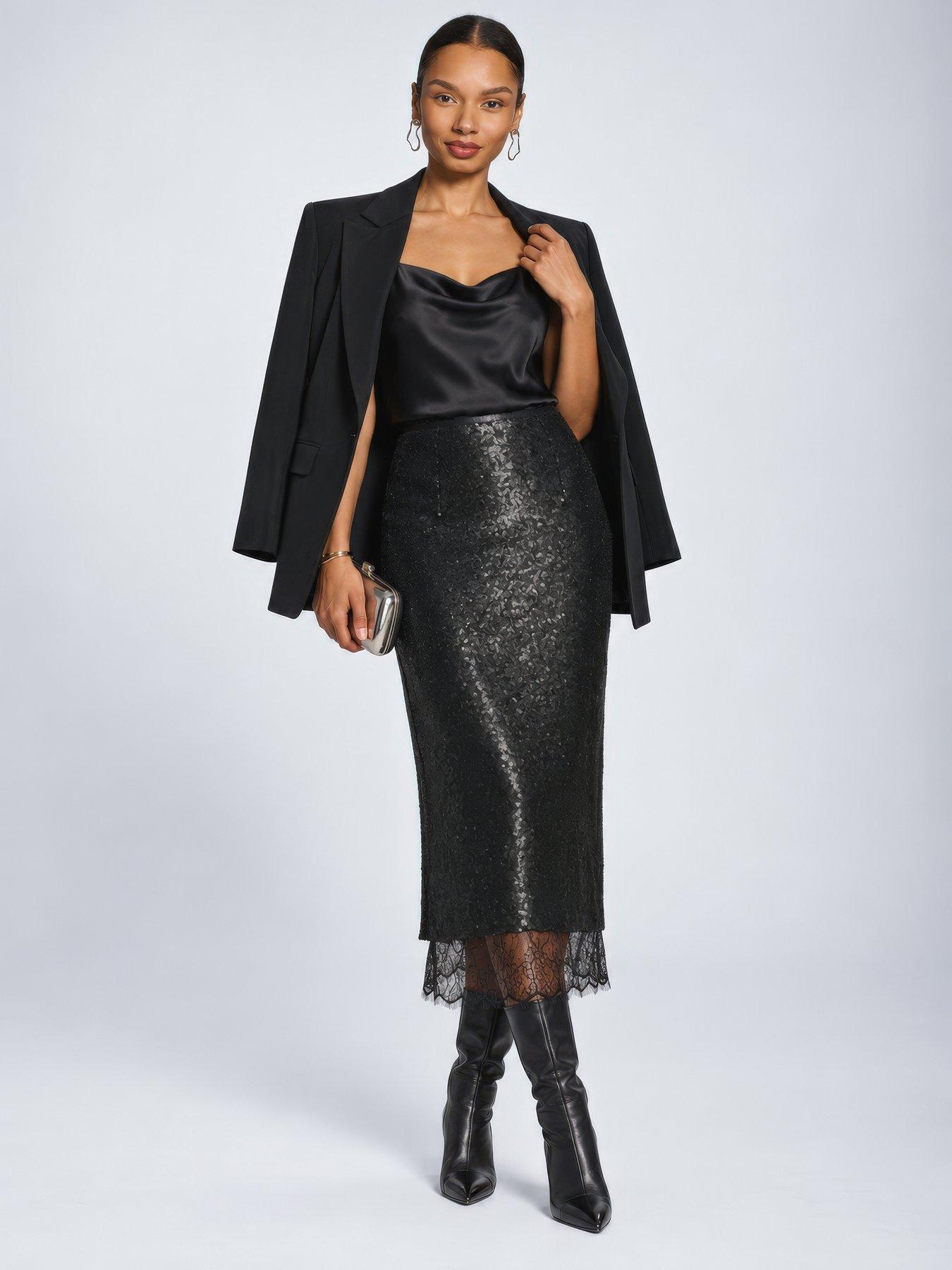 Image 1 of 6 of Jolie Moi Womens Lace Trim Sequin Pencil Midi Skirt - Black