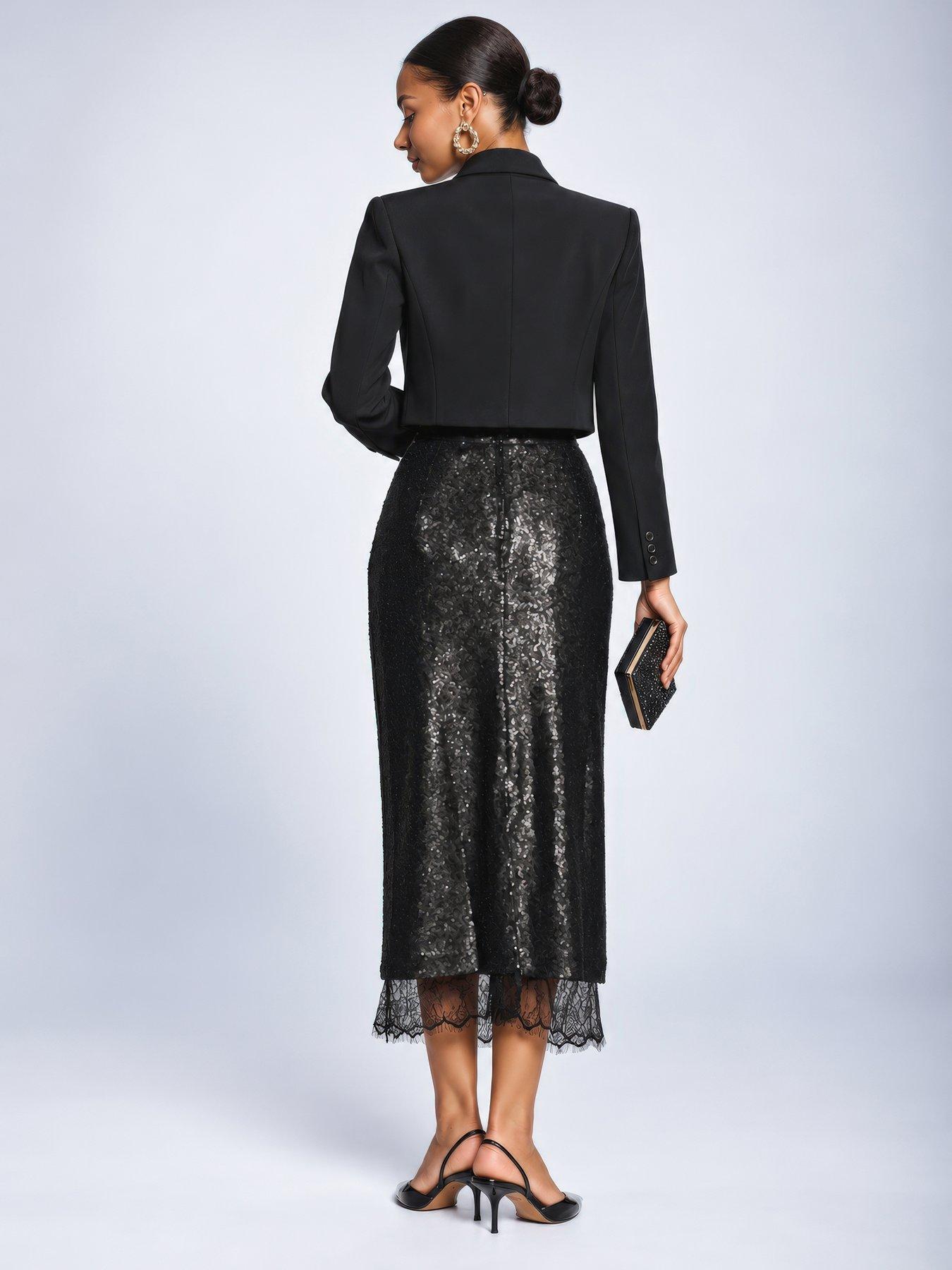 Image 2 of 6 of Jolie Moi Womens Lace Trim Sequin Pencil Midi Skirt - Black