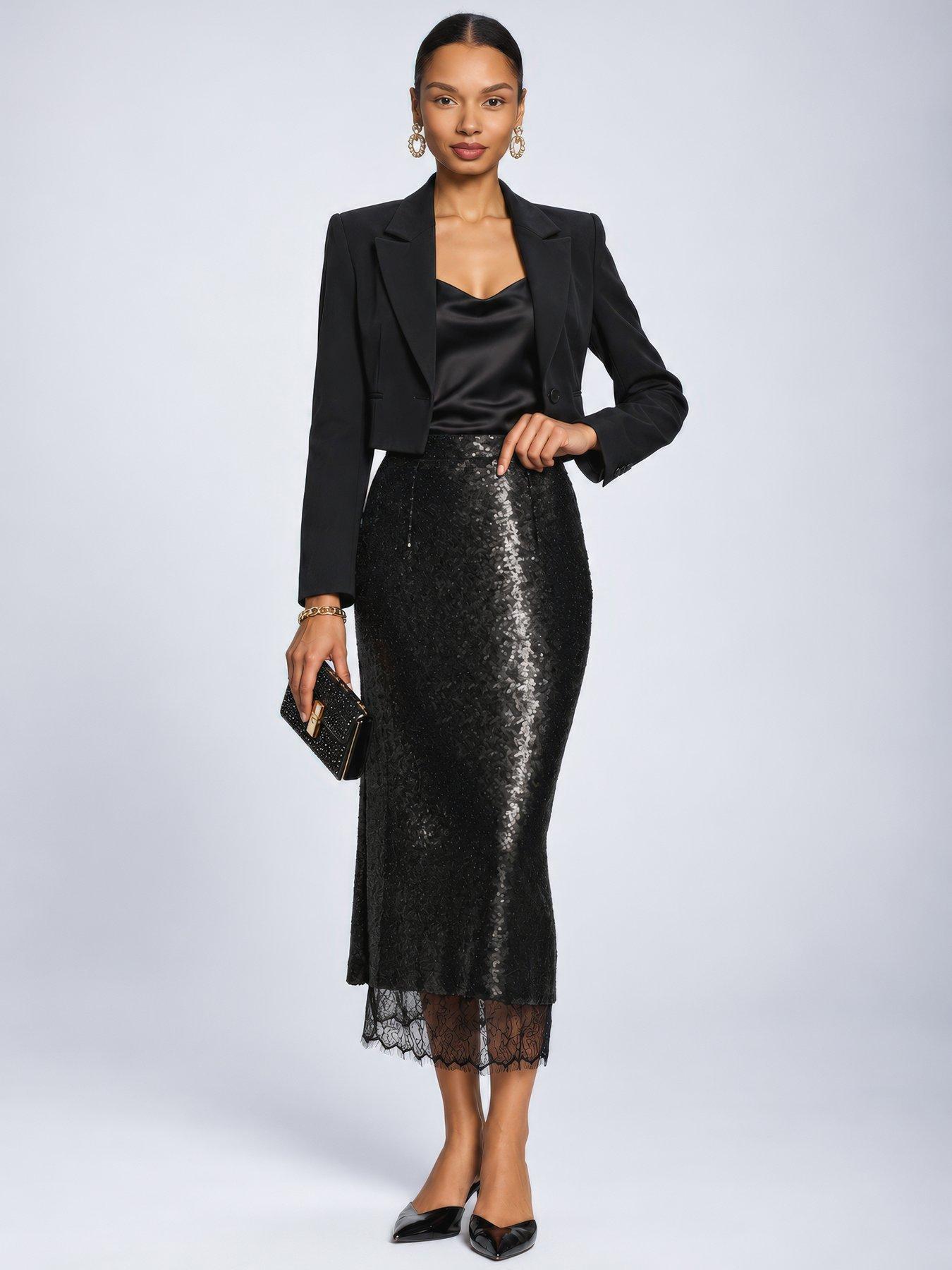 Image 5 of 6 of Jolie Moi Womens Lace Trim Sequin Pencil Midi Skirt - Black