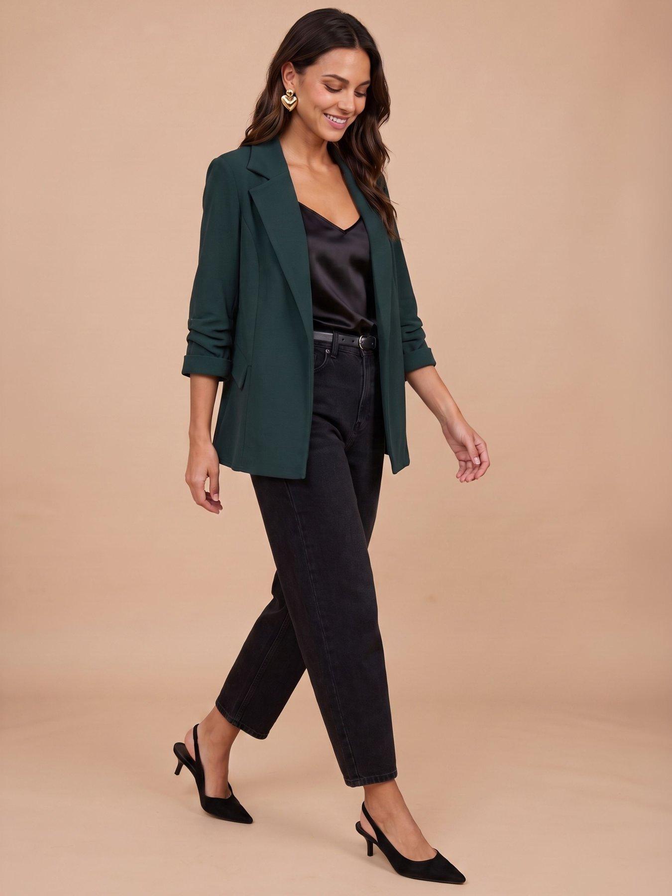 Image 1 of 3 of Little Mistress Womens Ruched Sleeve Open Front Blazer - Green