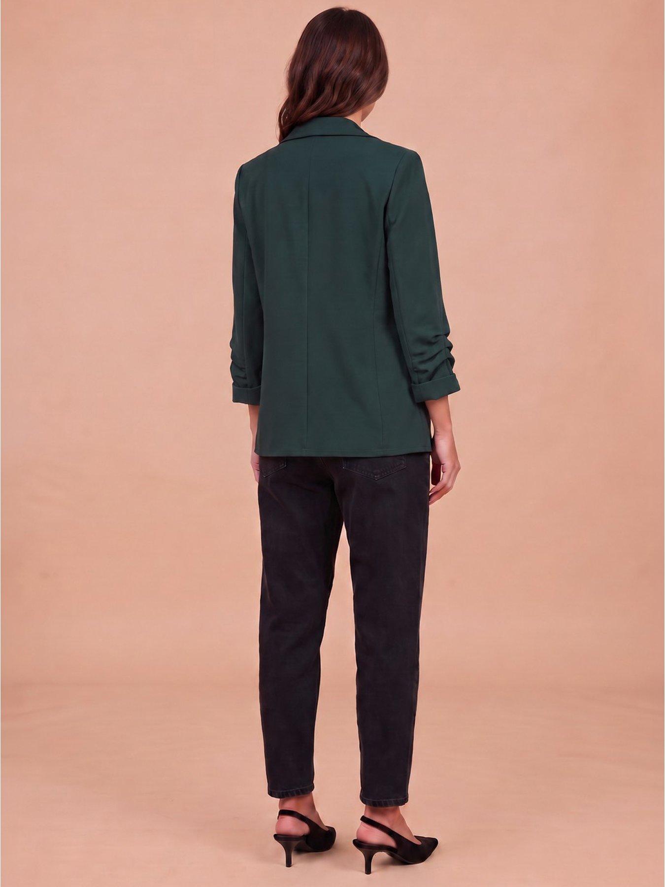 Image 2 of 3 of Little Mistress Womens Ruched Sleeve Open Front Blazer - Green