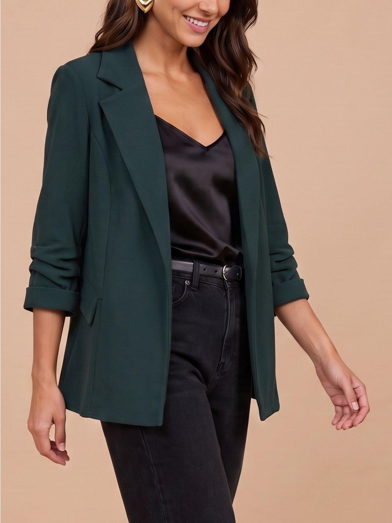 Image 3 of 3 of Little Mistress Womens Ruched Sleeve Open Front Blazer - Green