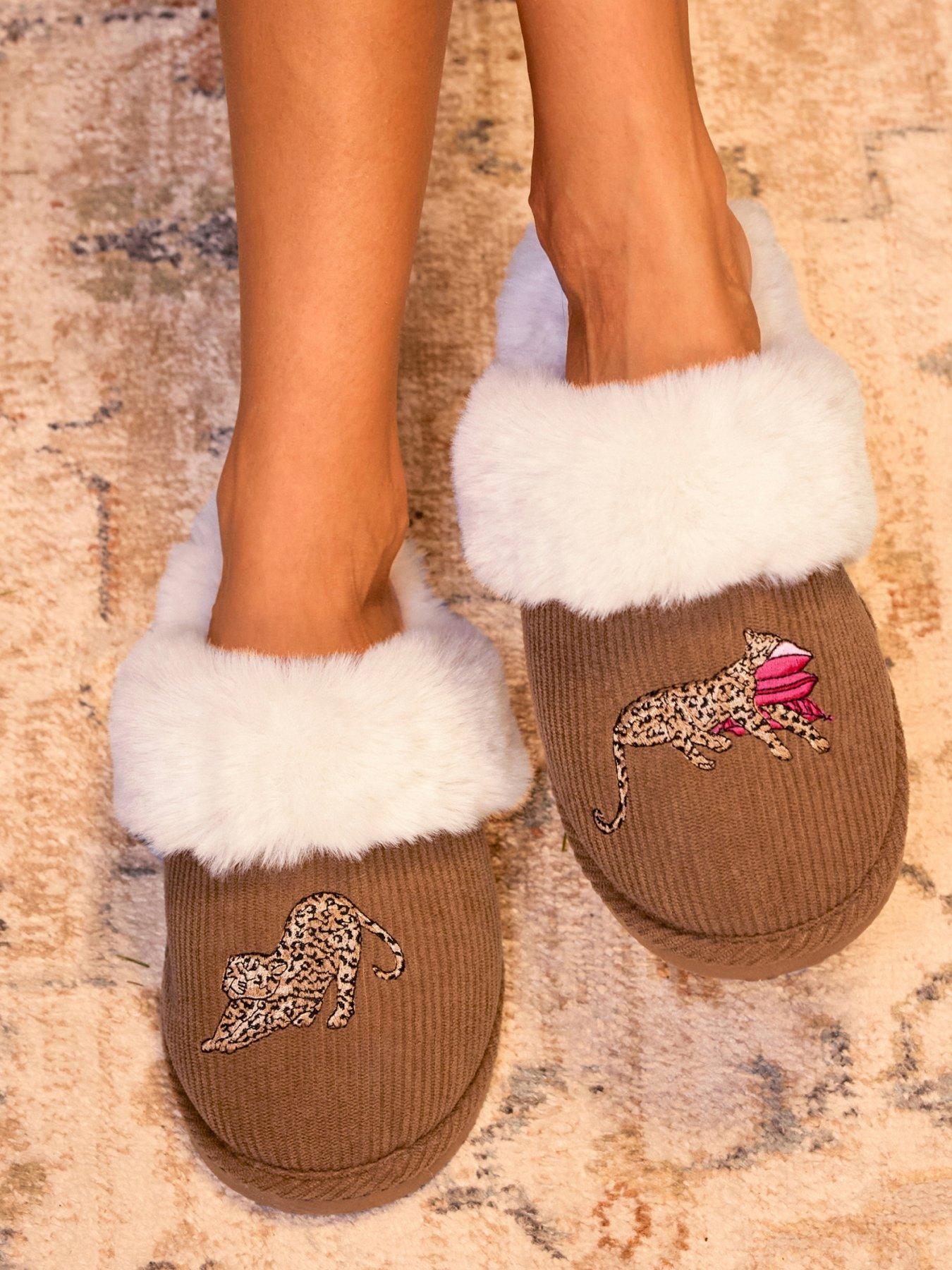 Image 1 of 6 of CHELSEA PEERS Chelsea Peers Corduroy Embroidered Leopard After Party Print Mule Slippers