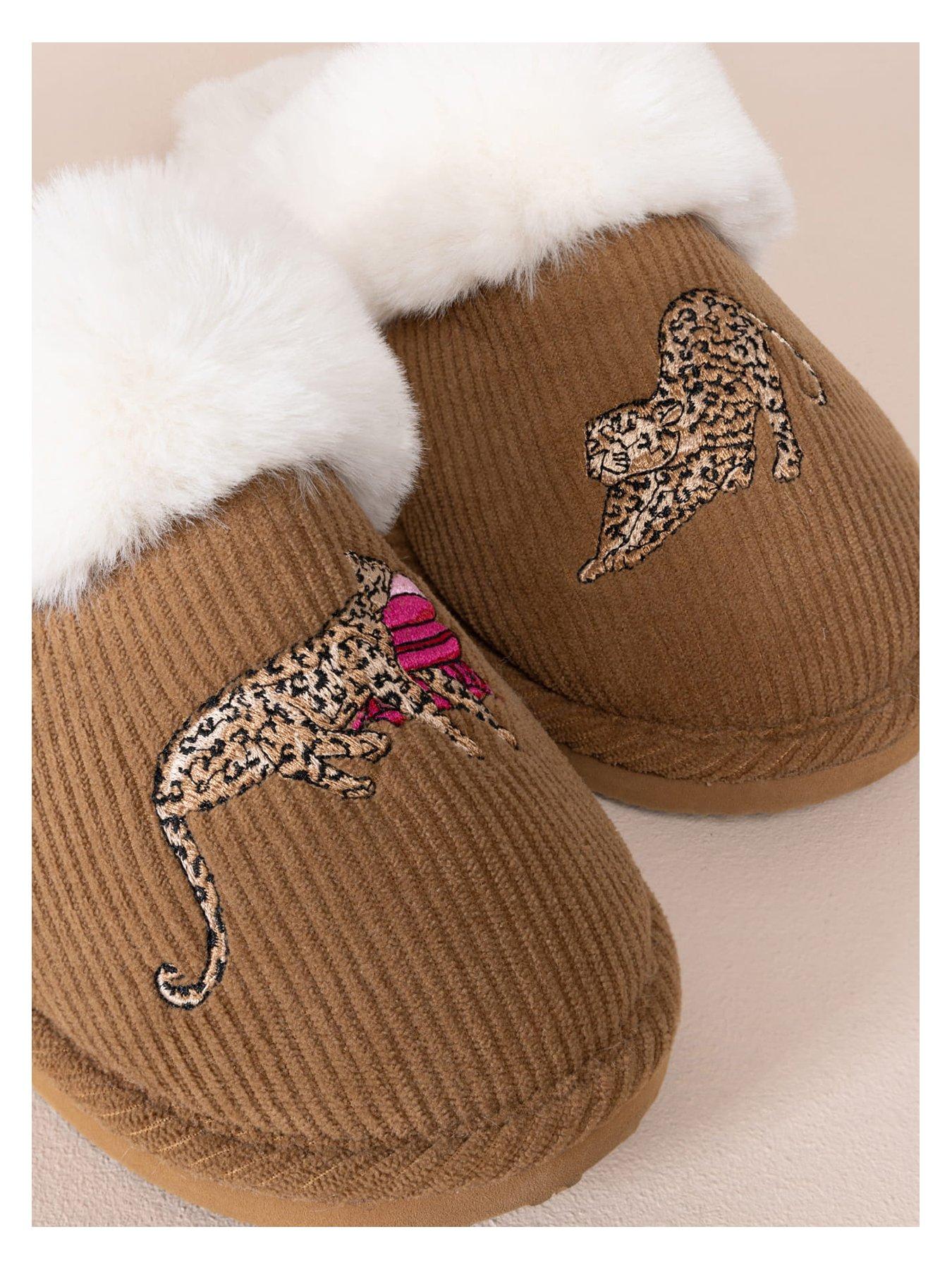 Image 5 of 6 of CHELSEA PEERS Chelsea Peers Corduroy Embroidered Leopard After Party Print Mule Slippers