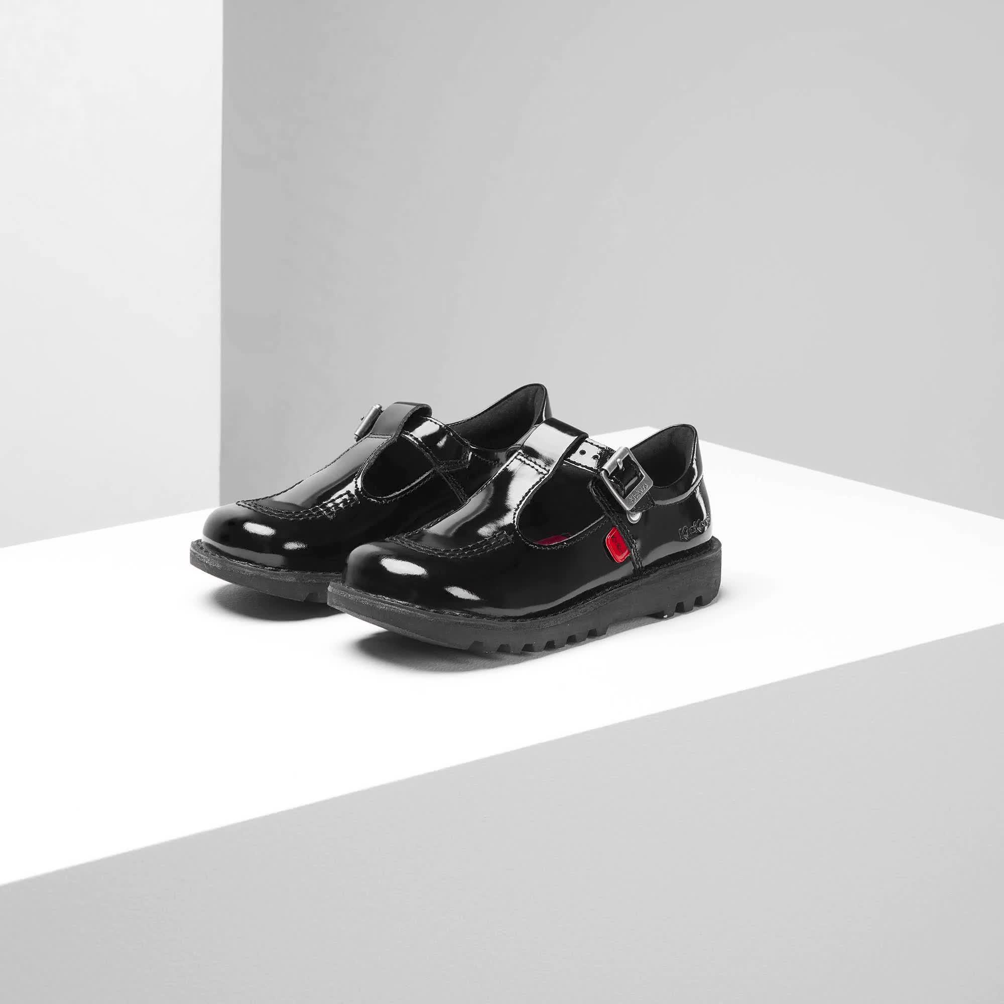 Kickers Girls' Kick Patent T-Bar School Shoes Black Littlewoods