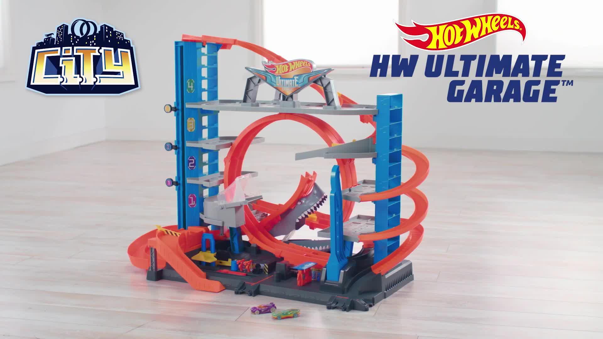 hot wheels city ultimate garage playset with automatic lift jump loop shark attack