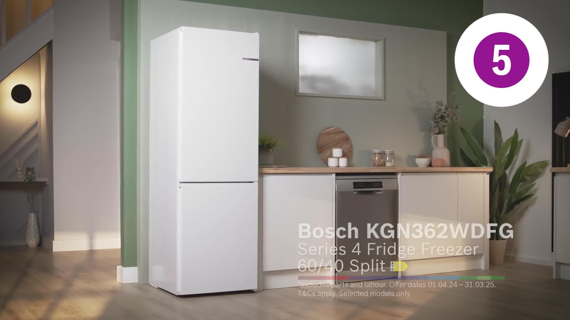 Video of bosch-series-4-kgn362wdfg-6040-frost-free-60cm-wide-fridge-freezer-white