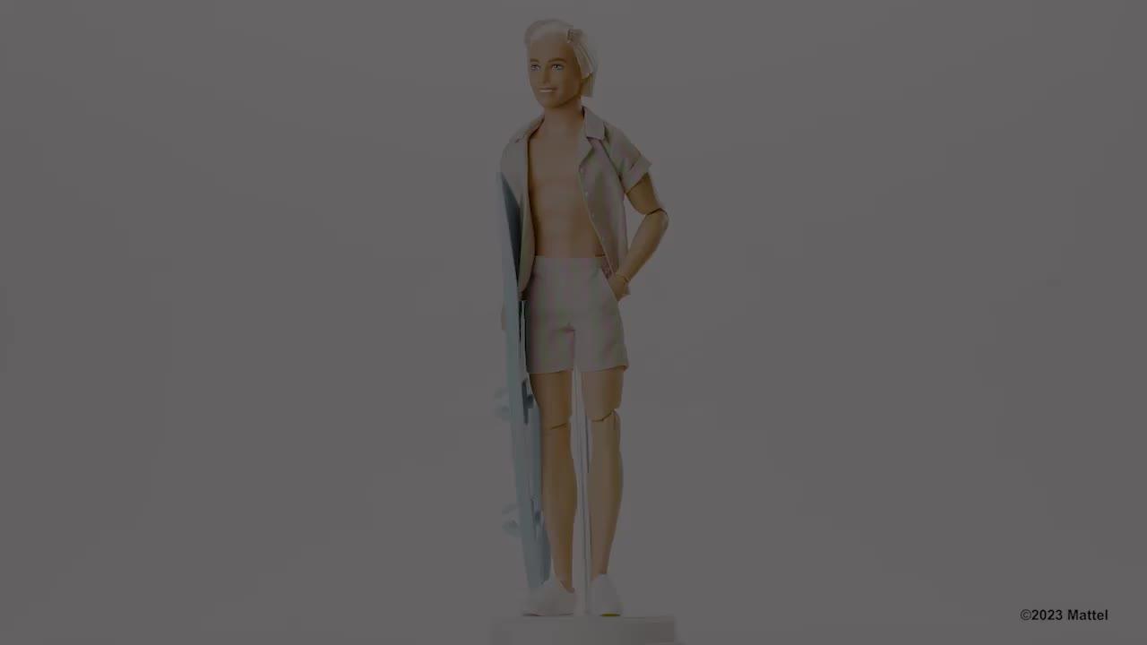 Video of barbie-the-movie-ken-doll-in-pastel-stripes-beach-outfit