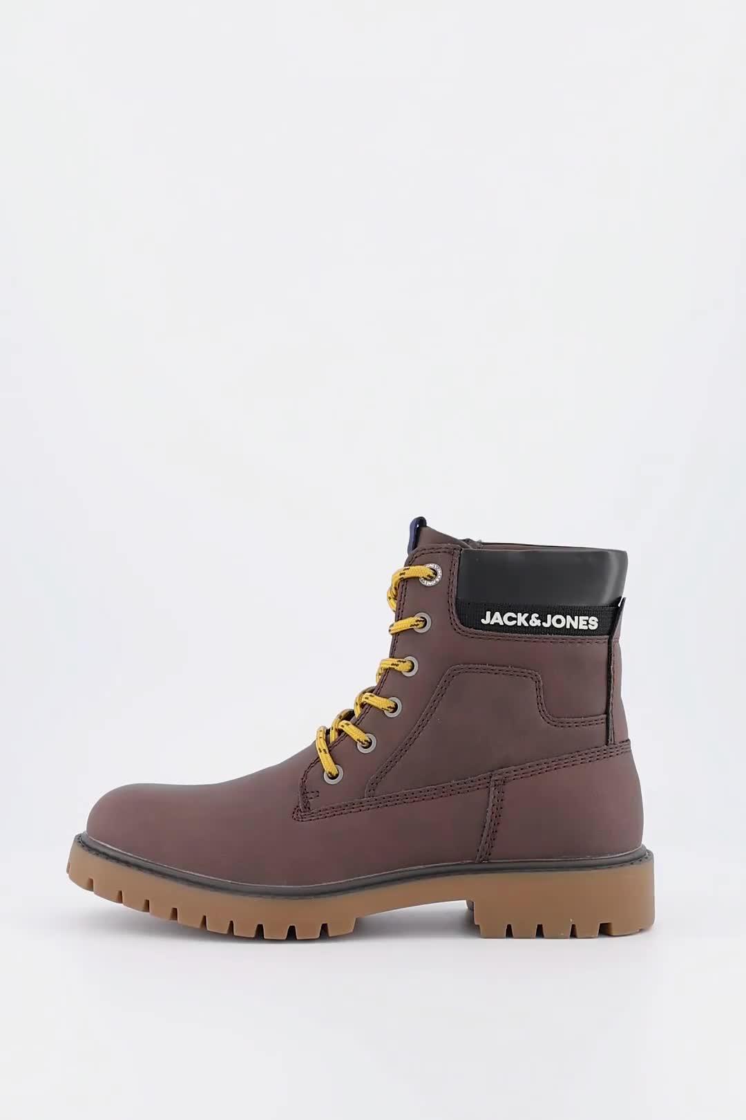 Video of jack-jones-faux-leather-lace-up-worker-boots-brown