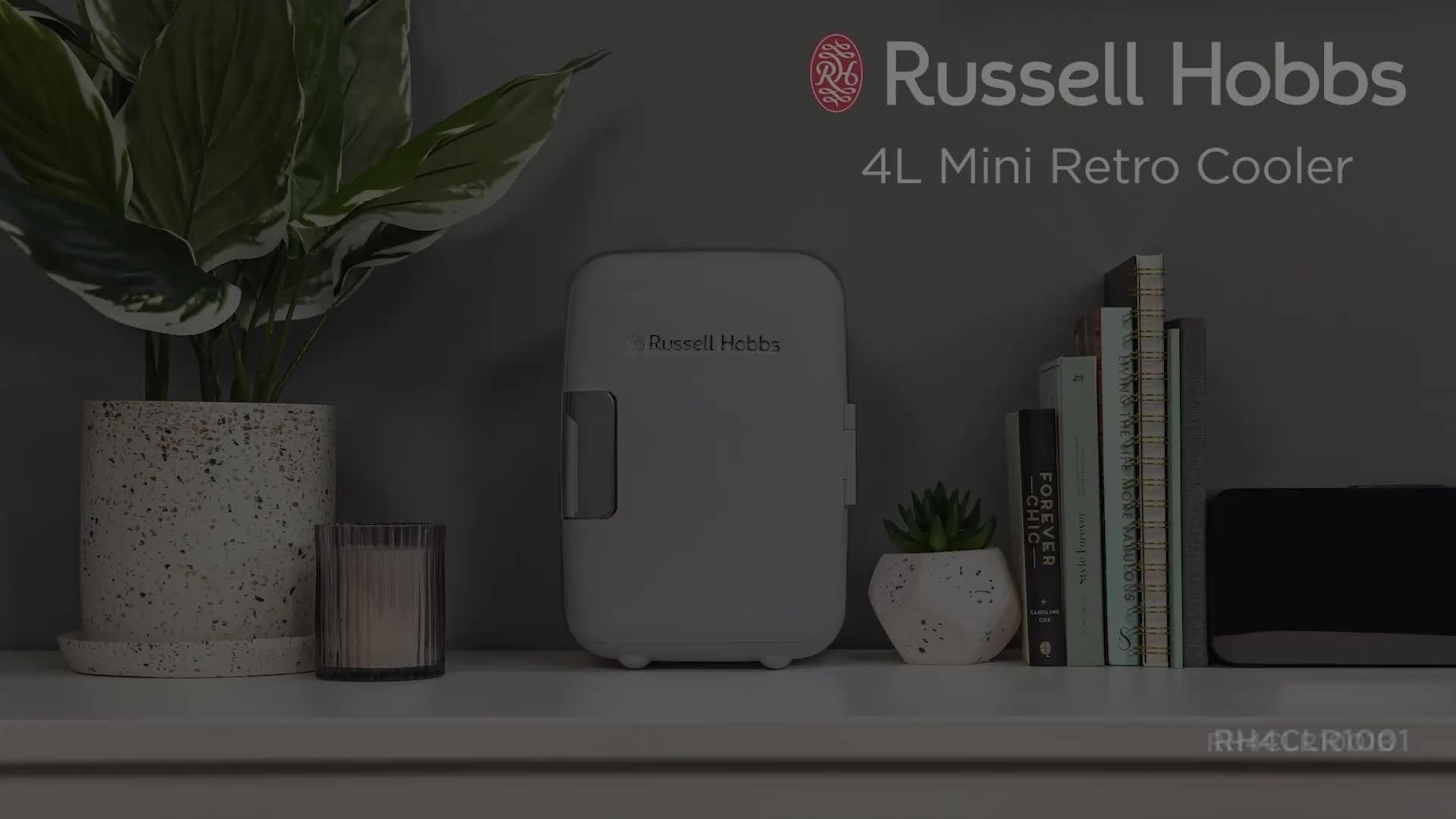 Video of russell-hobbs-rh4clr1001-4l-mini-compact-cooler-for-drinks-and-cosmetics-retro-style-white-amp-chrome