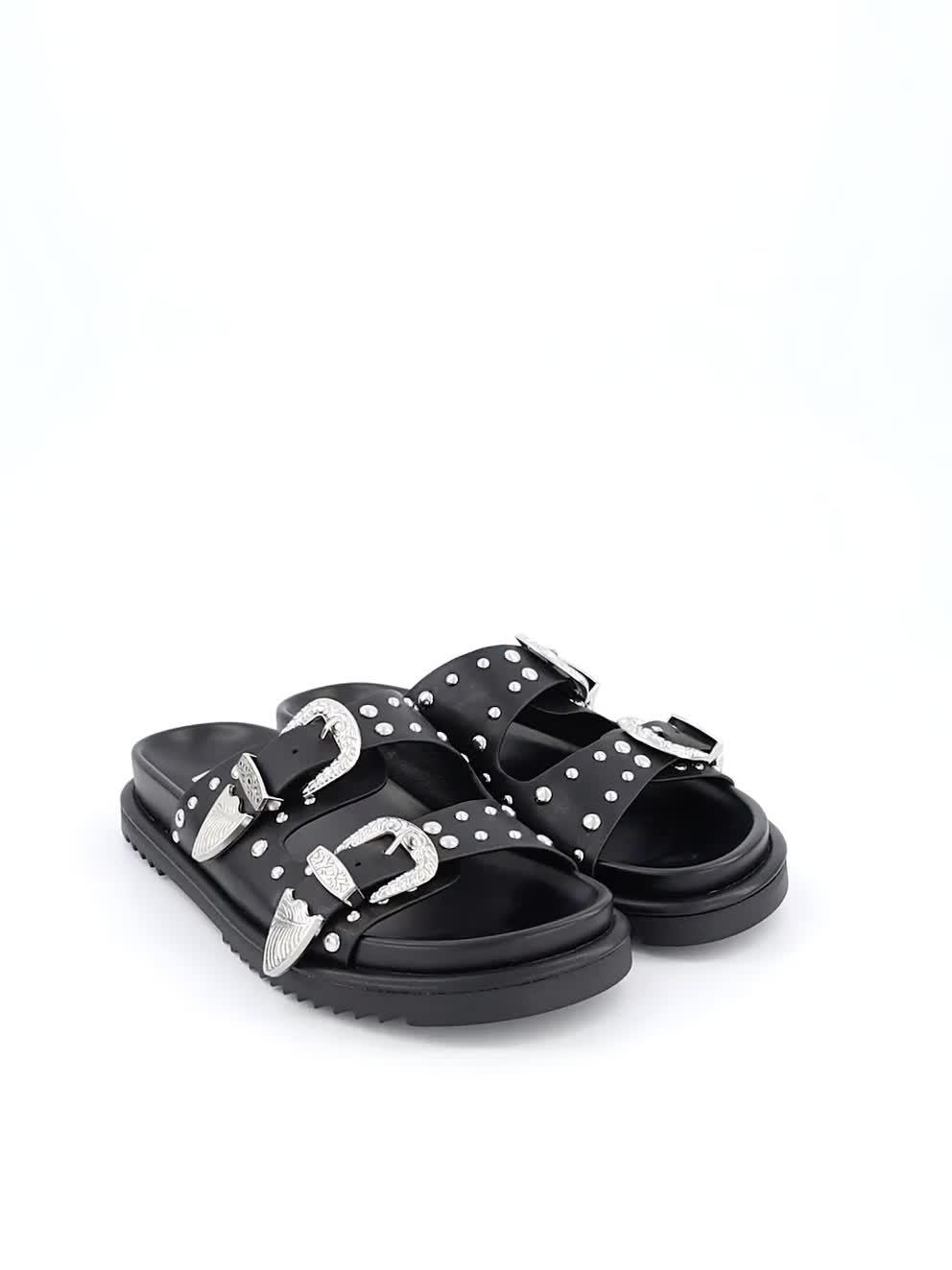 Video of v-by-very-wide-fit-western-double-buckle-footbed-sandals-black