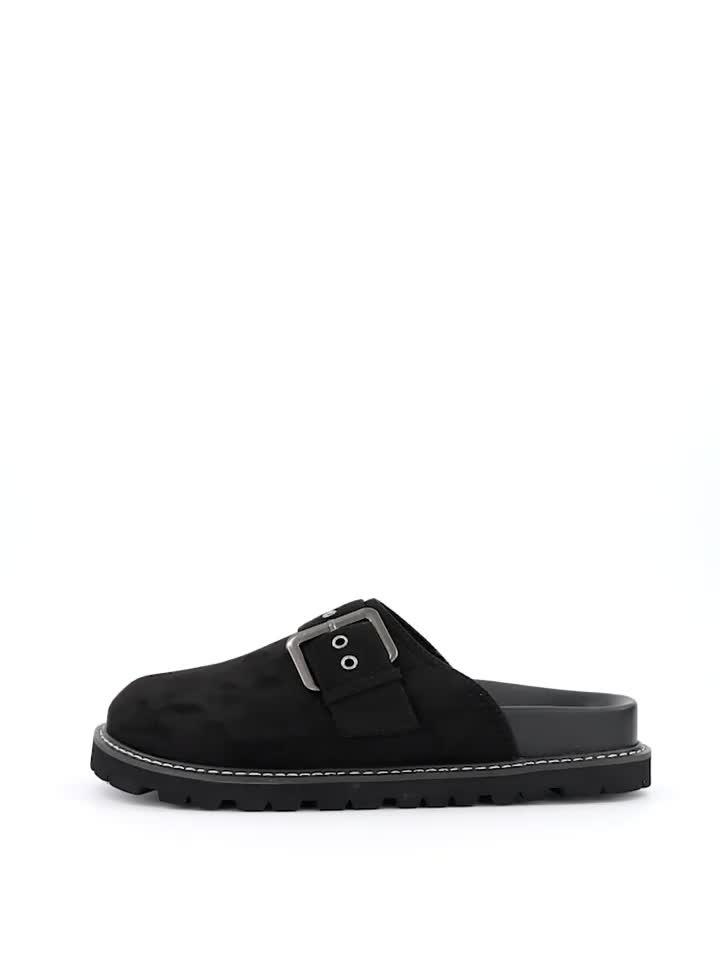 Video of v-by-very-closed-toe-mule-with-large-buckle-black