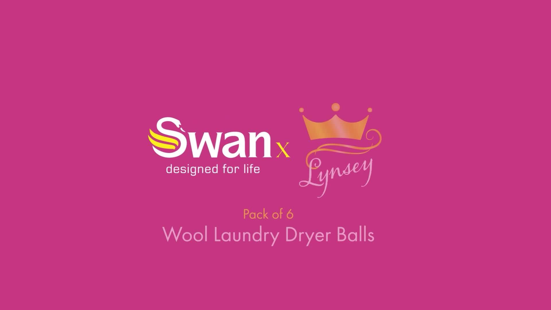 Video of swan-lynsey-tvs-queen-of-clean-6-natural-wool-dryer-balls-in-a-drawstring-bag