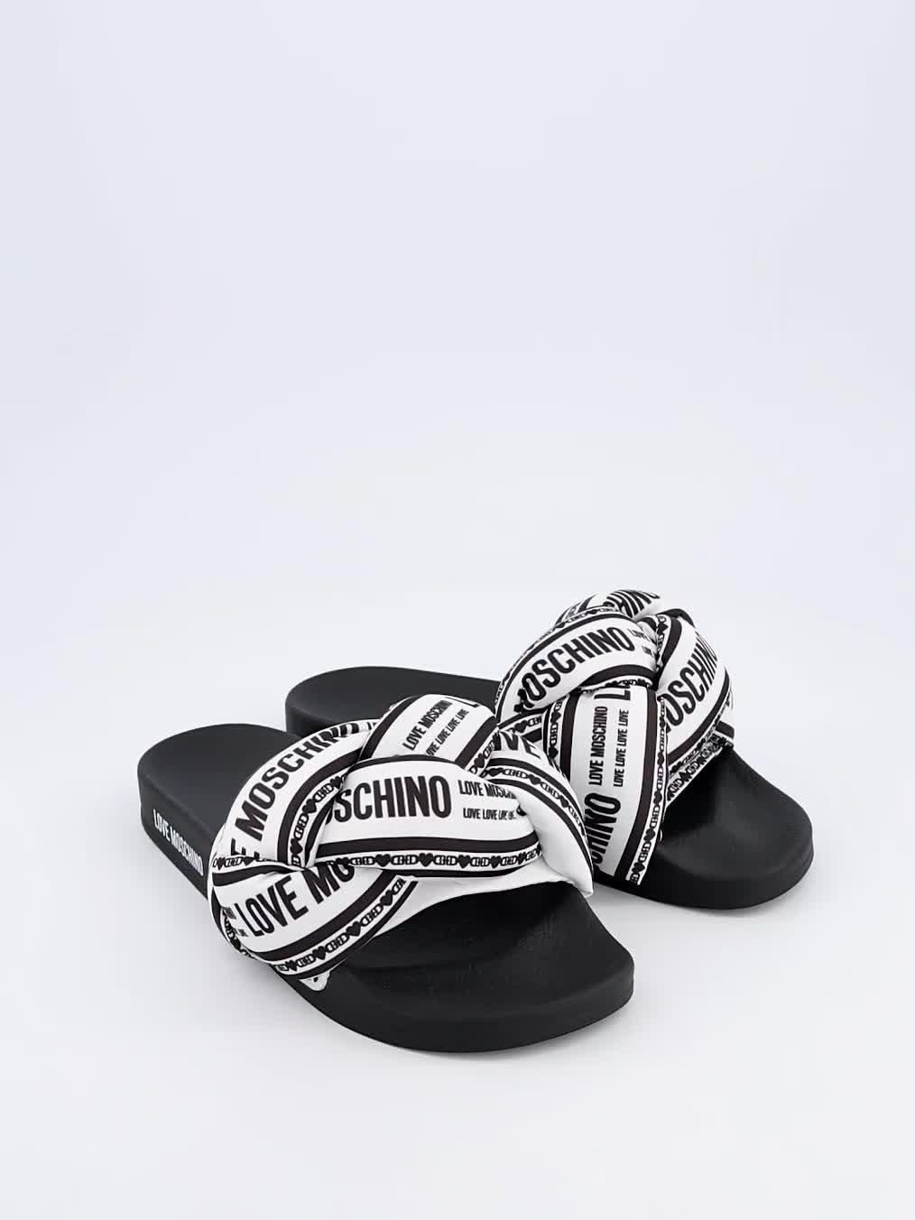 moschino logo slip on love moschino LOVE MOSCHINO Satin Printed Slide -Black/White Littlewoods