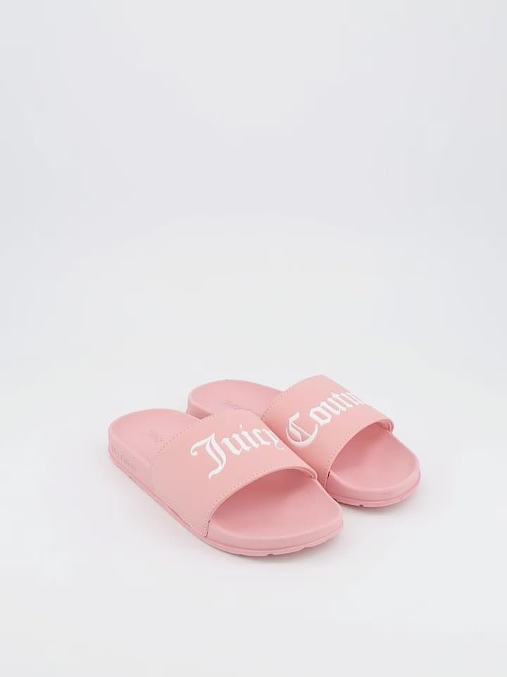 Video of juicy-couture-collegiate-embossed-pu-slider-sandal-pink