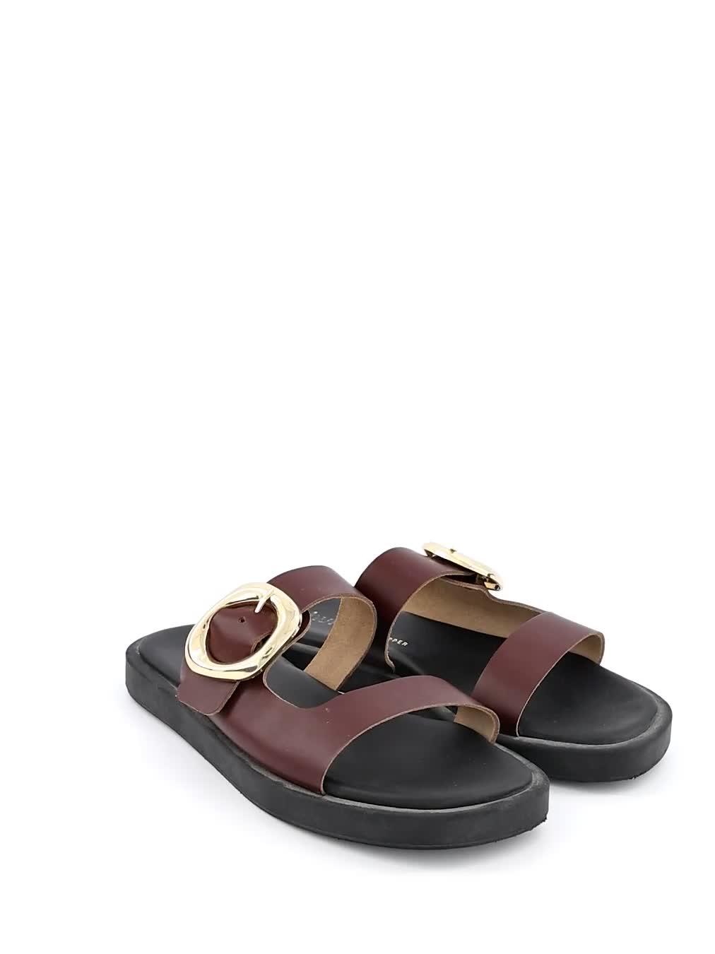 Video of schuh-teela-leather-buckle-sandals-burgundy-dark-red