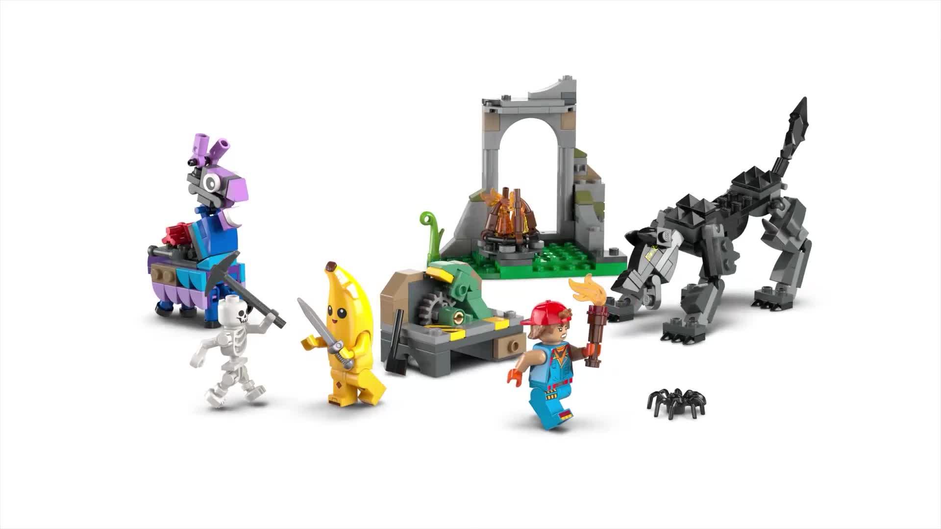 Video of lego-fortnite-peely-amp-sparkplugrsquos-camp-toy-set-77075