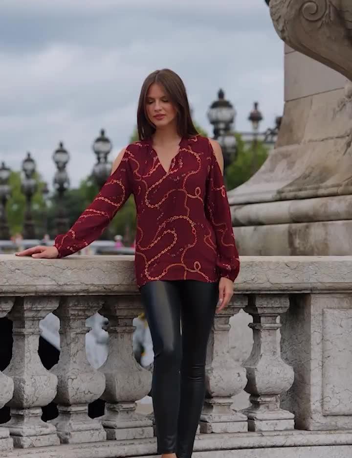 Image thumbnail 6 of 6 of Sosandar Burgundy Chain Print Cut Out Shoulder Top - Burgundy