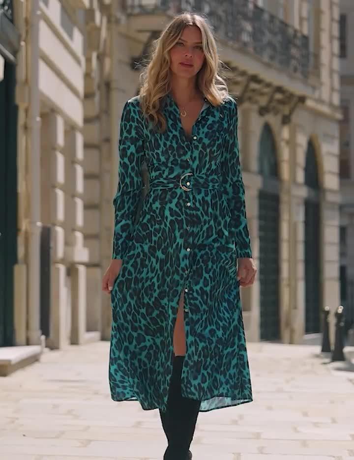 Video of sosandar-animal-print-belted-shirt-dress-green