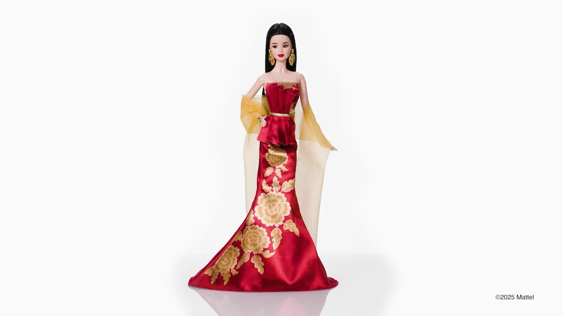 barbie red and gold dress 2014 Holiday Doll strapless satin gown embellished with gold Little late Christmas  .