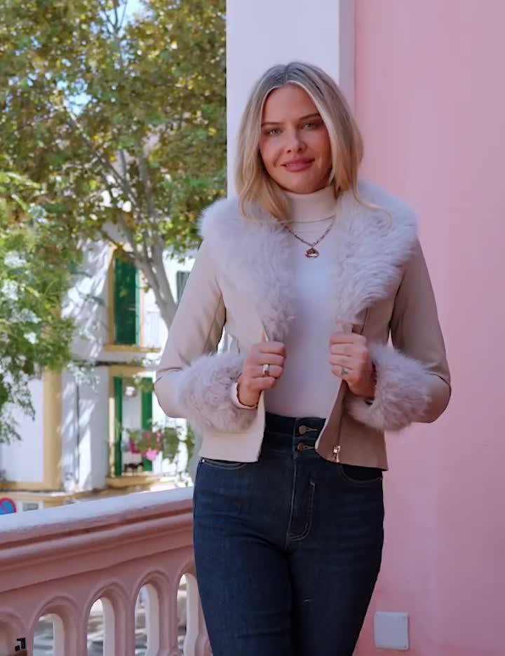 Video of sosandar-faux-leather-biker-jacket-with-faux-fur-trim-beige