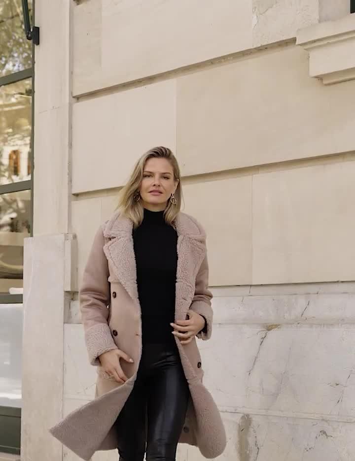 Video of sosandar-stone-faux-suede-amp-shearling-double-breasted-coat-beige